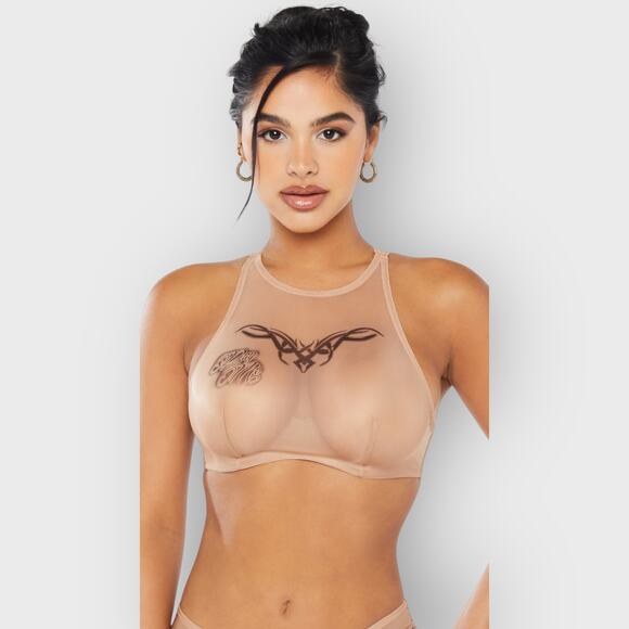 Savage X Fenty Tattooed Tricot High Neck Bra 32C Brown Lace Detail Sexy Lingerie - Picture 3 of 9